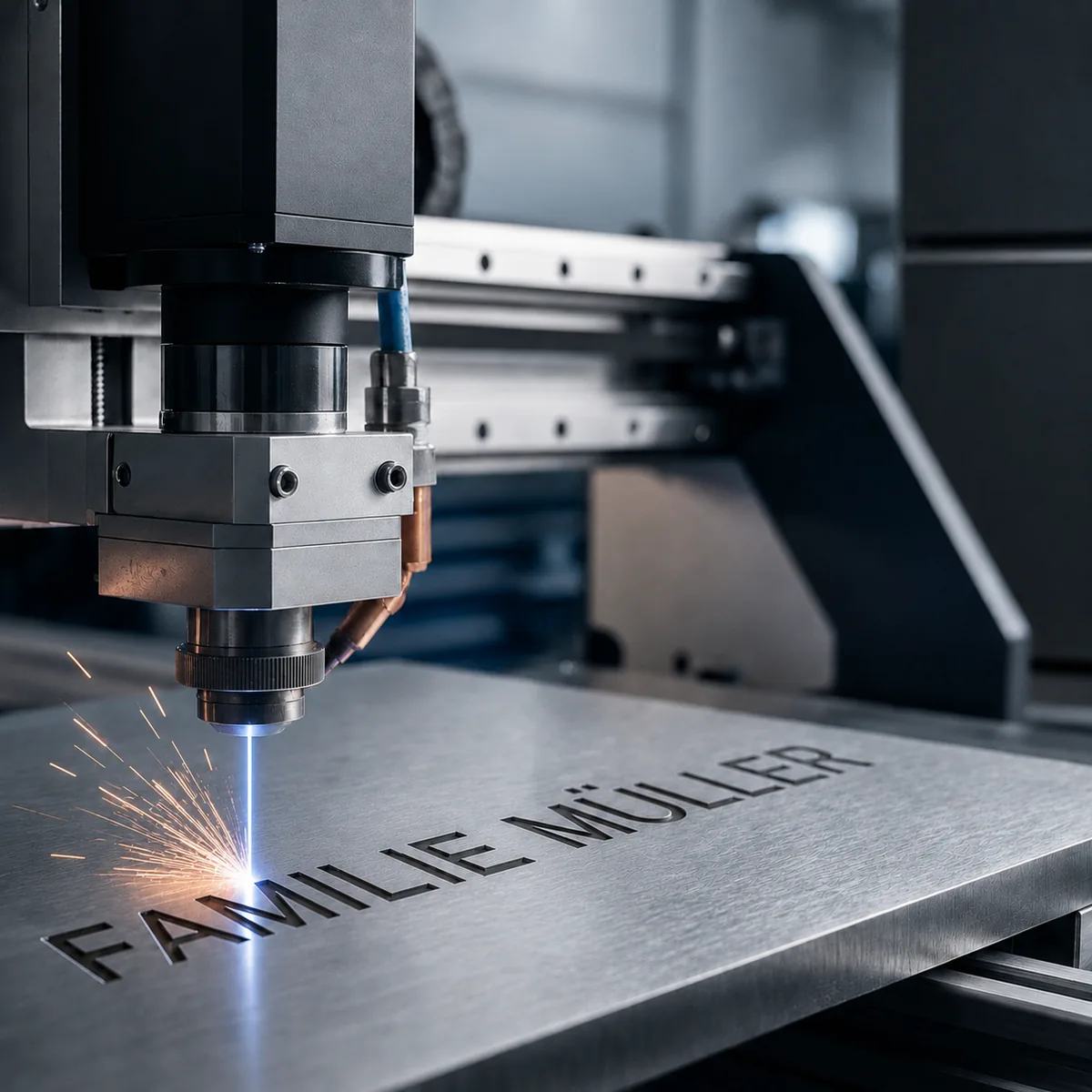 Lasergravur eines Metzler Edelstahl-Namensschilds – Konstruktion in Reutlingen